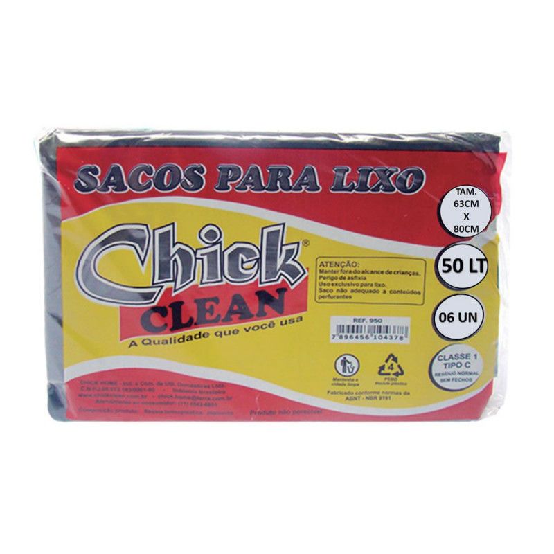 SACO LIXO CHICK CLEAN 50 LITROS C/ 6UN TAMANHO 63X80 - FD COM 5 PC