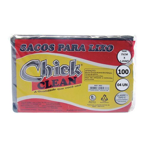 SACO PARA LIXO CHICK CLEAN 100 LITROS C/ 4UN TAMANHO 75X1,05 - FD COM 5 PC